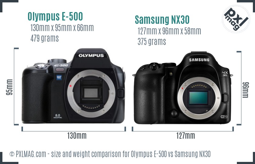 Olympus E-500 vs Samsung NX30 size comparison Olympus E-500 vs Samsung NX30 size comparison
