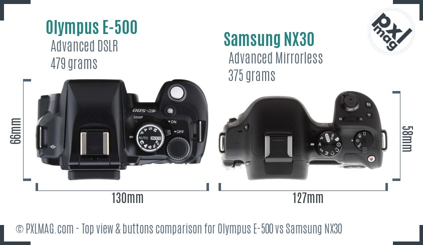 Olympus E-500 vs Samsung NX30 top view buttons comparison