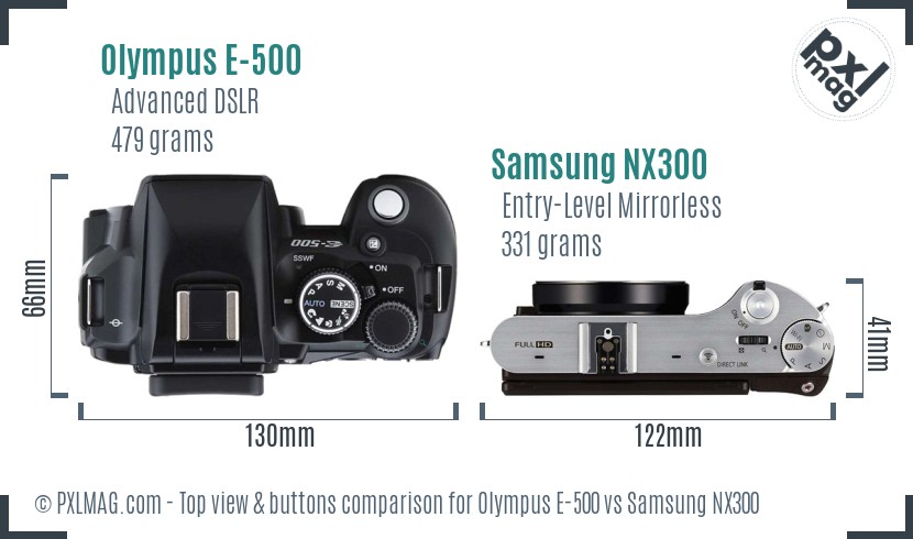 Olympus E-500 vs Samsung NX300 top view buttons comparison