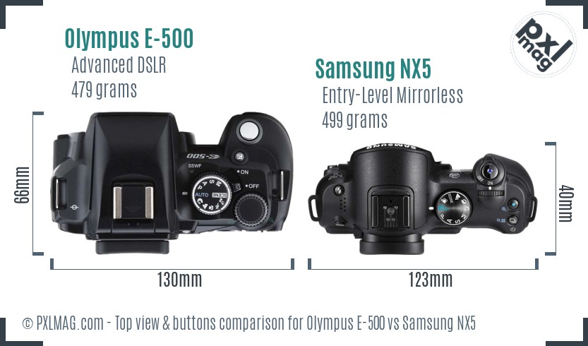 Olympus E-500 vs Samsung NX5 top view buttons comparison