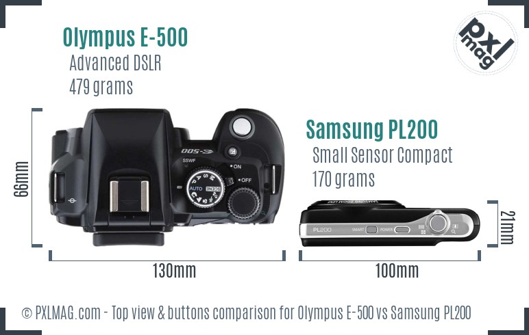 Olympus E-500 vs Samsung PL200 top view buttons comparison