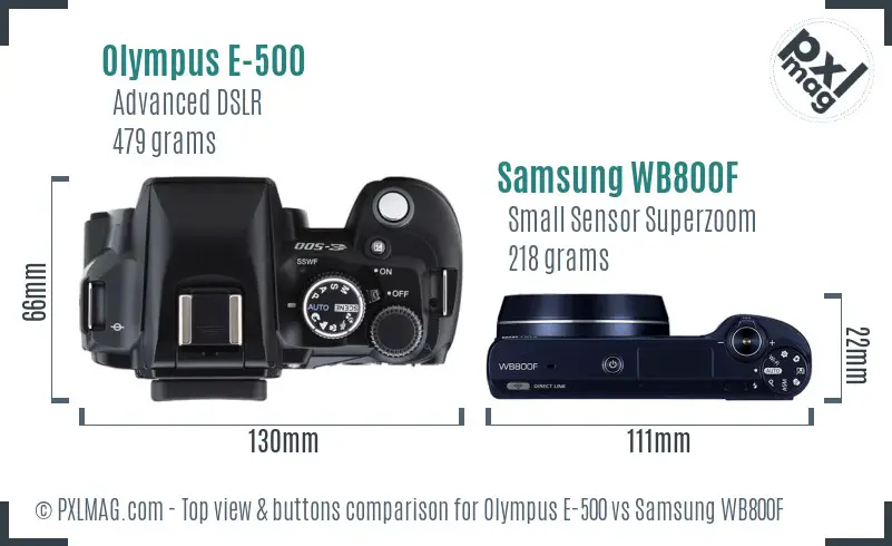 Olympus E-500 vs Samsung WB800F top view buttons comparison Olympus E-500 vs Samsung WB800F top view buttons comparison