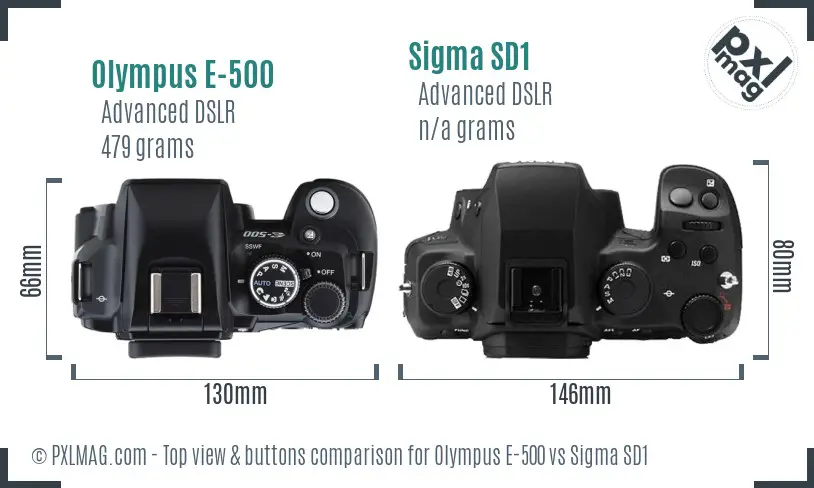 Olympus E-500 vs Sigma SD1 top view buttons comparison