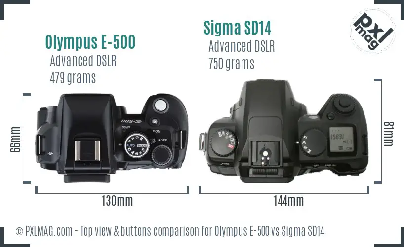 Olympus E-500 vs Sigma SD14 top view buttons comparison