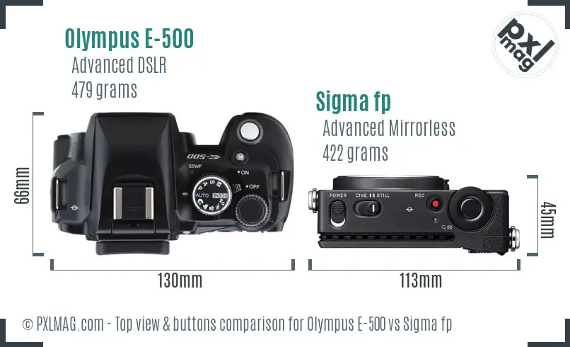 Olympus E-500 vs Sigma fp top view buttons comparison Olympus E-500 vs Sigma fp top view buttons comparison