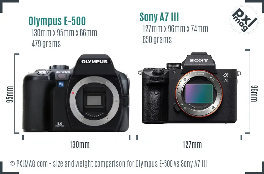 Olympus E-500 vs Sony A7 III size comparison