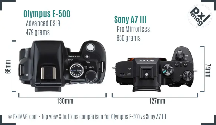 Olympus E-500 vs Sony A7 III top view buttons comparison