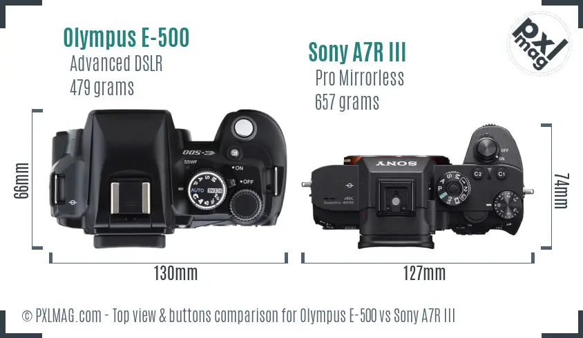 Olympus E-500 vs Sony A7R III top view buttons comparison