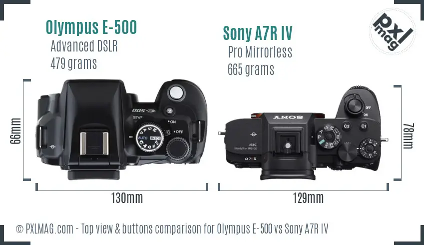 Olympus E-500 vs Sony A7R IV top view buttons comparison