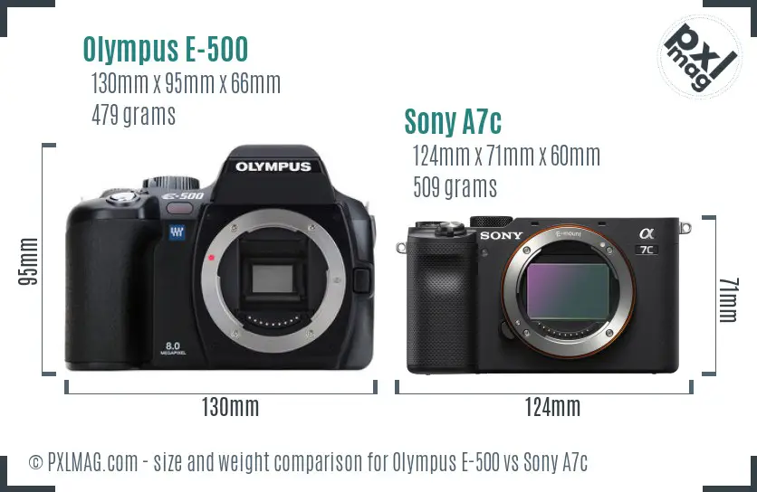 Olympus E-500 vs Sony A7c size comparison