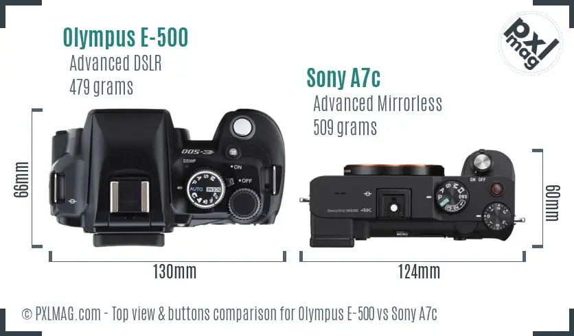 Olympus E-500 vs Sony A7c top view buttons comparison