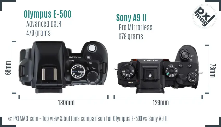Olympus E-500 vs Sony A9 II top view buttons comparison