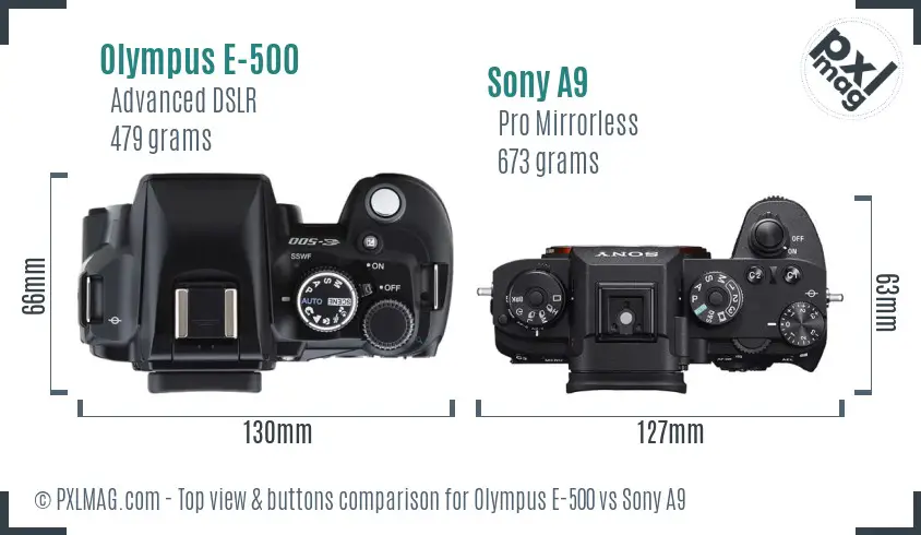 Olympus E-500 vs Sony A9 top view buttons comparison