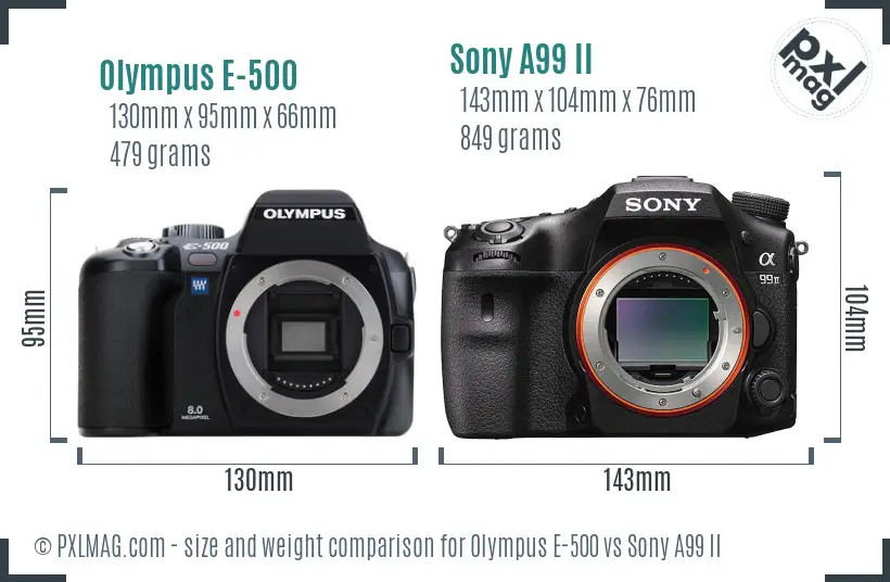 Olympus E-500 vs Sony A99 II size comparison