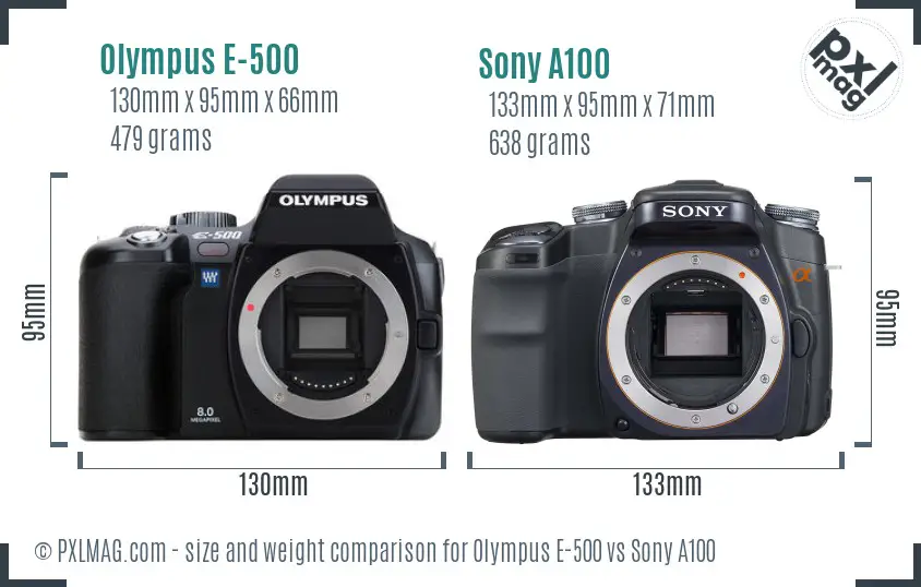 Olympus E-500 vs Sony A100 size comparison