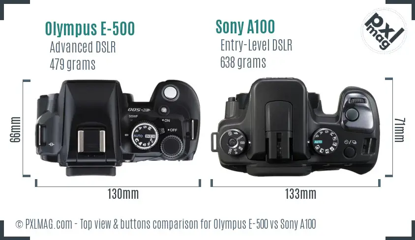 Olympus E-500 vs Sony A100 top view buttons comparison