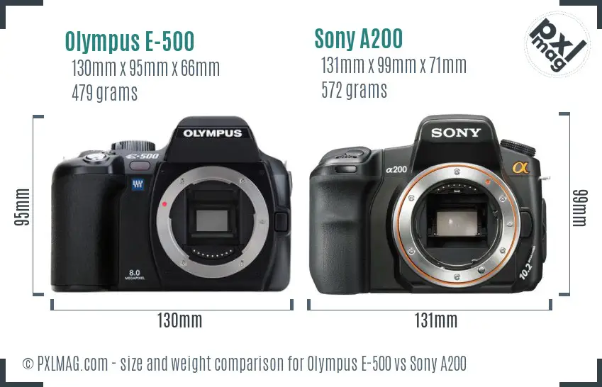 Olympus E-500 vs Sony A200 size comparison