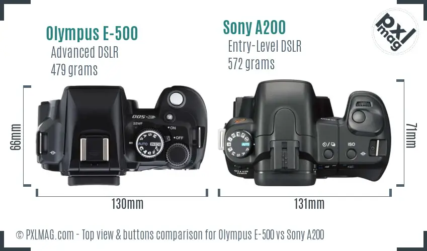 Olympus E-500 vs Sony A200 top view buttons comparison