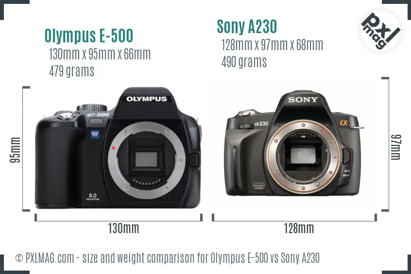 Olympus E-500 vs Sony A230 size comparison