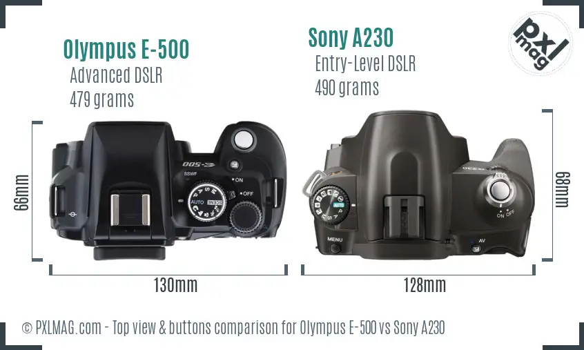 Olympus E-500 vs Sony A230 top view buttons comparison