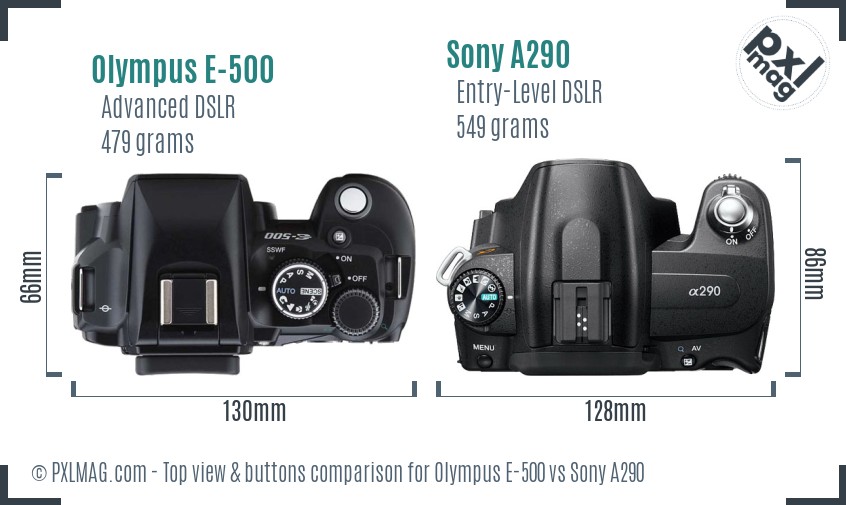 Olympus E-500 vs Sony A290 top view buttons comparison