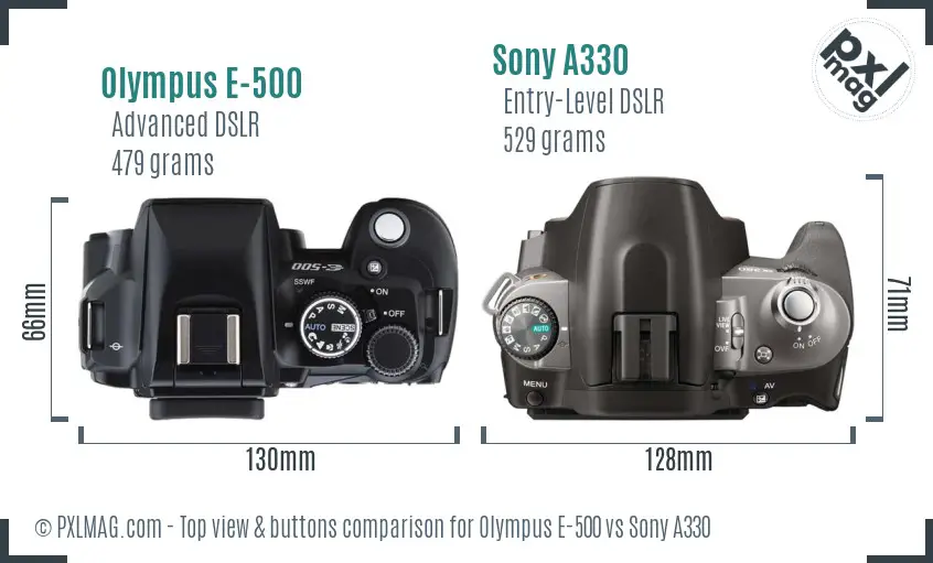 Olympus E-500 vs Sony A330 top view buttons comparison