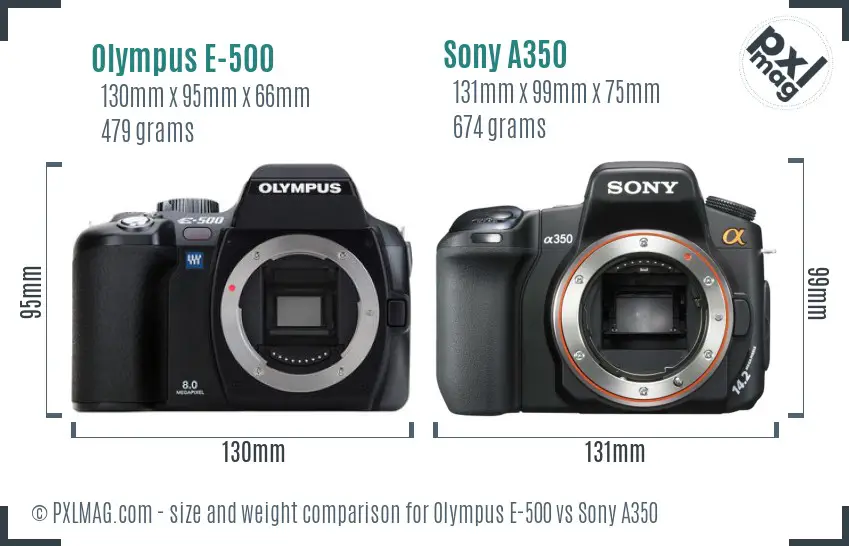 Olympus E-500 vs Sony A350 size comparison