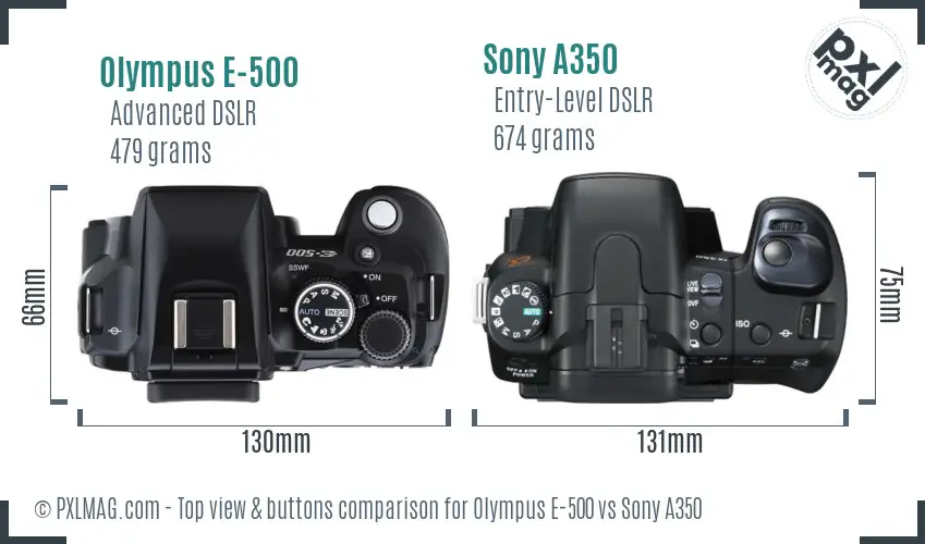 Olympus E-500 vs Sony A350 top view buttons comparison