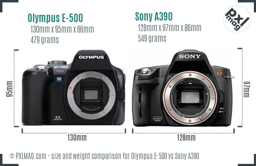 Olympus E-500 vs Sony A390 size comparison