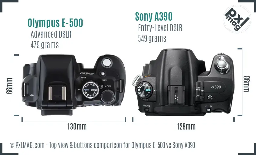 Olympus E-500 vs Sony A390 top view buttons comparison