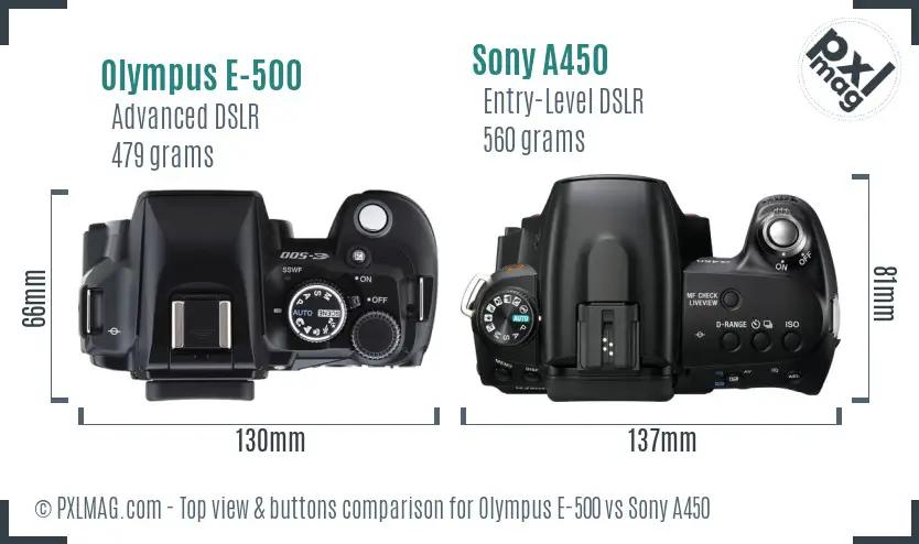 Olympus E-500 vs Sony A450 top view buttons comparison