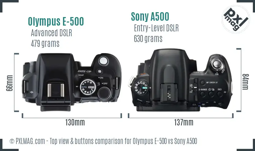 Olympus E-500 vs Sony A500 top view buttons comparison