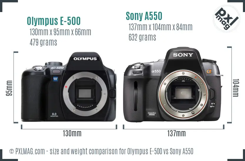 Olympus E-500 vs Sony A550 size comparison