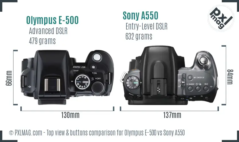 Olympus E-500 vs Sony A550 top view buttons comparison