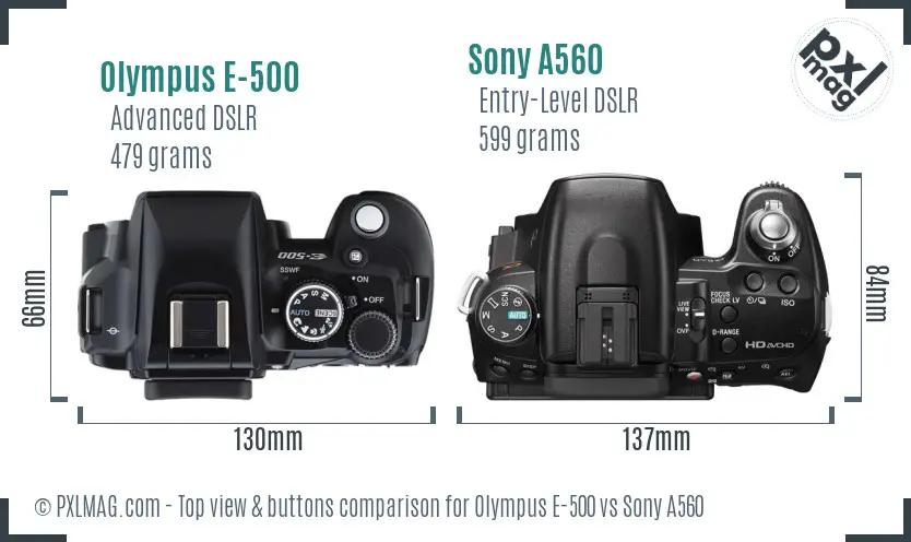 Olympus E-500 vs Sony A560 top view buttons comparison