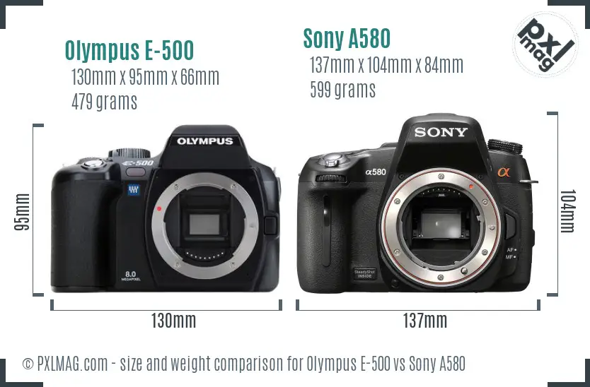 Olympus E-500 vs Sony A580 size comparison