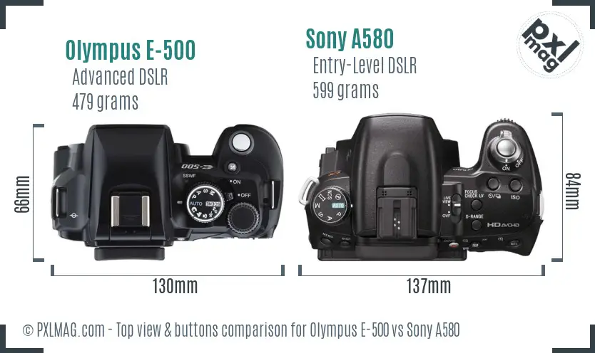 Olympus E-500 vs Sony A580 top view buttons comparison