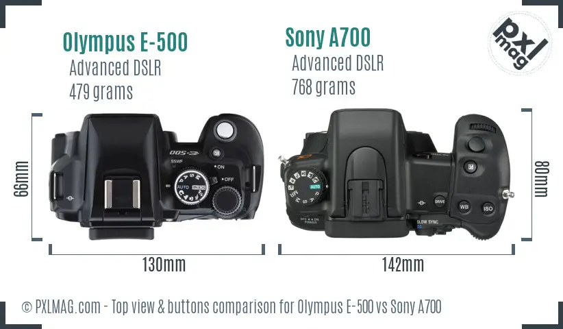 Olympus E-500 vs Sony A700 top view buttons comparison