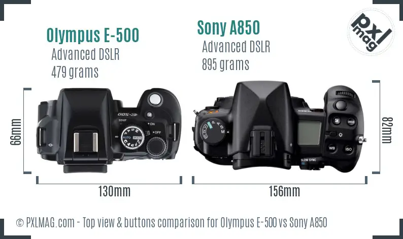 Olympus E-500 vs Sony A850 top view buttons comparison