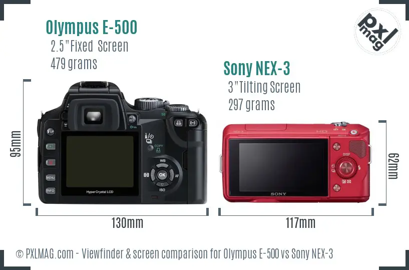 Olympus E-500 vs Sony NEX-3 Screen and Viewfinder comparison