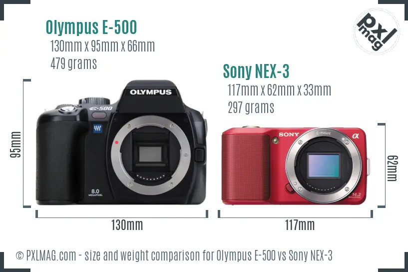 Olympus E-500 vs Sony NEX-3 size comparison
