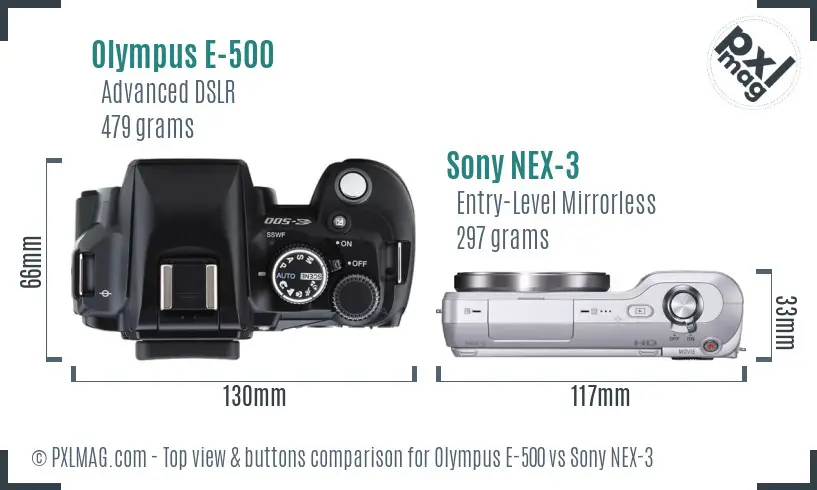 Olympus E-500 vs Sony NEX-3 top view buttons comparison