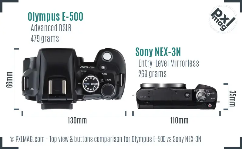 Olympus E-500 vs Sony NEX-3N top view buttons comparison
