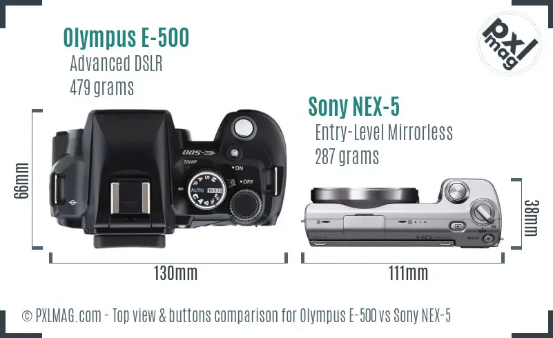 Olympus E-500 vs Sony NEX-5 top view buttons comparison