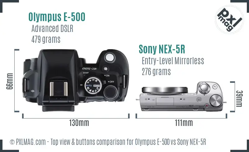 Olympus E-500 vs Sony NEX-5R top view buttons comparison