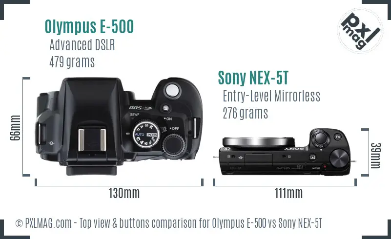 Olympus E-500 vs Sony NEX-5T top view buttons comparison