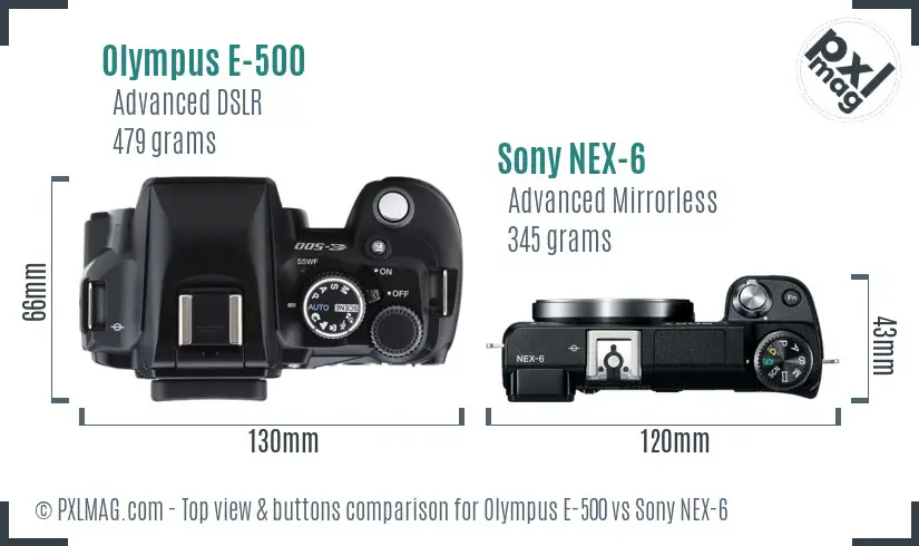 Olympus E-500 vs Sony NEX-6 top view buttons comparison