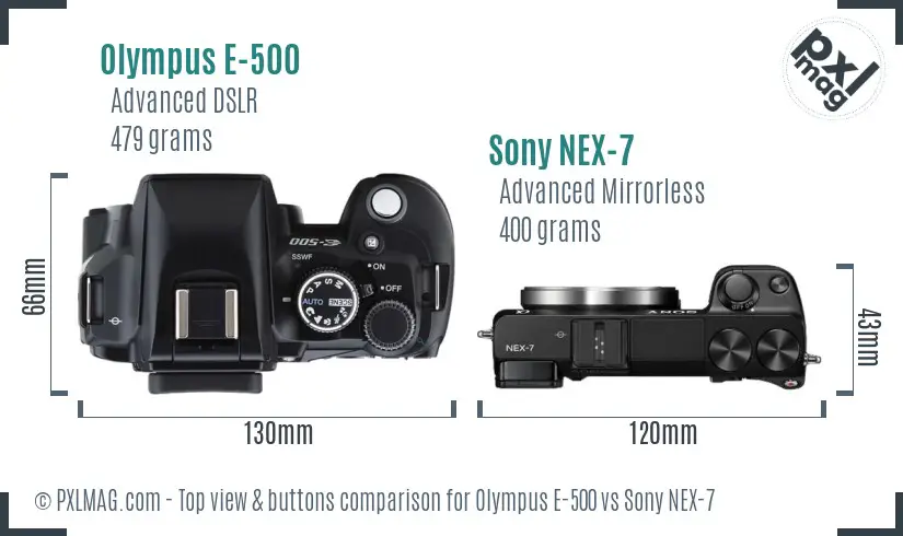 Olympus E-500 vs Sony NEX-7 top view buttons comparison