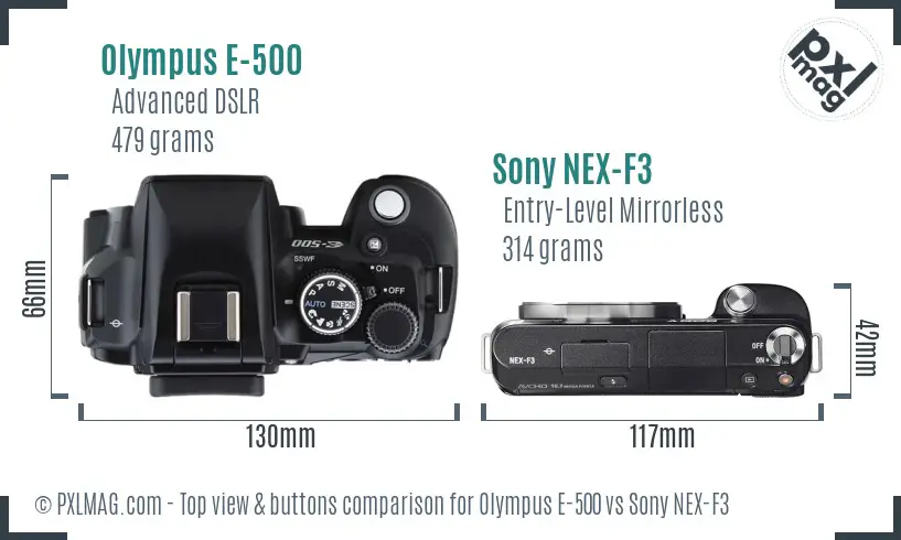 Olympus E-500 vs Sony NEX-F3 top view buttons comparison