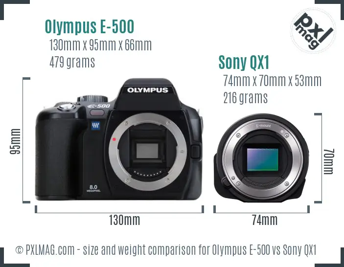 Olympus E-500 vs Sony QX1 size comparison